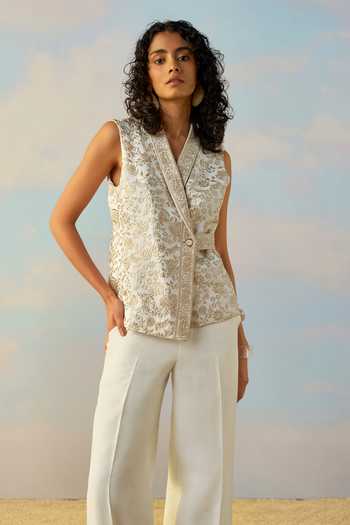 Dash And Dot Ivory Linen, Viscose Shawl Neck Embroidered Waistcoat 1