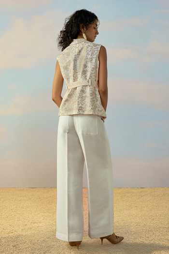 Dash And Dot Ivory Linen, Viscose Shawl Neck Embroidered Waistcoat 8