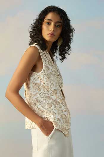 Dash And Dot_Ivory Linen, Viscose Shawl Neck Embroidered Waistcoat And Straight Pant Set _Online_at_Aza_Fashions