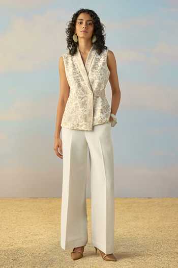 Shop_Dash And Dot_Ivory Linen, Viscose Shawl Neck Embroidered Waistcoat And Straight Pant Set _Online_at_Aza_Fashions