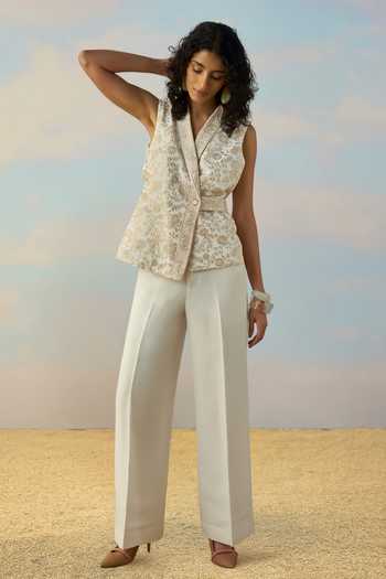 Buy_Dash And Dot_Ivory Linen, Viscose Shawl Neck Embroidered Waistcoat And Straight Pant Set 