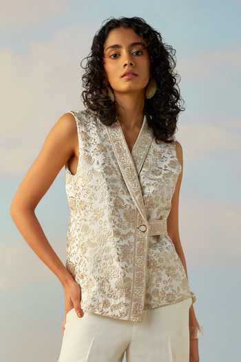 Shop_Dash And Dot_Ivory Linen, Viscose Shawl Neck Embroidered Waistcoat And Straight Pant Set 