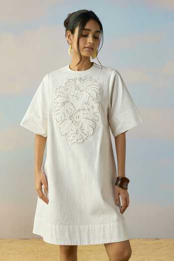 Dash And Dot Ivory Cotton Round Neck Cutwork Embroidered Denim Dress Online at Aza Fashions Dash And Dot_Ivory Cotton Round Neck Cutwork Embroidered Denim Dress _Online_at_Aza_Fashions