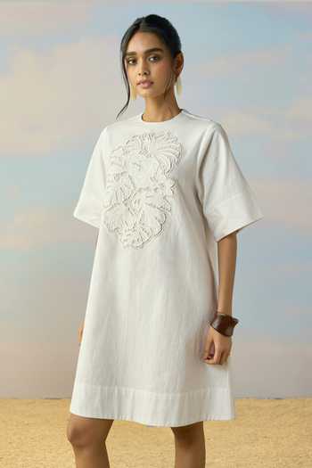 Buy Dash And Dot Ivory Cotton Round Neck Cutwork Embroidered Denim Dress Online at Aza Fashions Buy_Dash And Dot_Ivory Cotton Round Neck Cutwork Embroidered Denim Dress _Online_at_Aza_Fashions