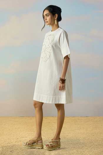 Shop Dash And Dot Ivory Cotton Round Neck Cutwork Embroidered Denim Dress Online at Aza Fashions Shop_Dash And Dot_Ivory Cotton Round Neck Cutwork Embroidered Denim Dress _Online_at_Aza_Fashions