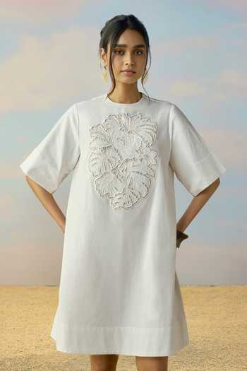 Dash And Dot Cutwork Embroidered Denim Dress 