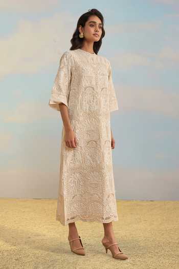 Dash And Dot Ivory Cotton Mandarin Collar Cutwork Embroidered Scalloped Midi Dress Online at Aza Fashions Dash And Dot_Ivory Cotton Mandarin Collar Cutwork Embroidered Scalloped Midi Dress _Online_at_Aza_Fashions