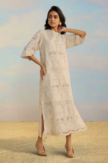Buy Dash And Dot Ivory Cotton Mandarin Collar Cutwork Embroidered Scalloped Midi Dress Online at Aza Fashions Buy_Dash And Dot_Ivory Cotton Mandarin Collar Cutwork Embroidered Scalloped Midi Dress _Online_at_Aza_Fashions
