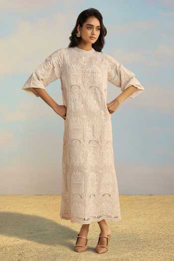 Shop Dash And Dot Ivory Cotton Mandarin Collar Cutwork Embroidered Scalloped Midi Dress Online at Aza Fashions Shop_Dash And Dot_Ivory Cotton Mandarin Collar Cutwork Embroidered Scalloped Midi Dress _Online_at_Aza_Fashions