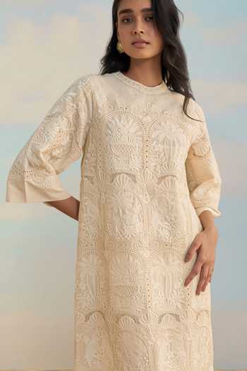 Dash And Dot Ivory Cotton Mandarin Collar Cutwork Embroidered Scalloped Midi Dress at Aza Fashions Dash And Dot_Ivory Cotton Mandarin Collar Cutwork Embroidered Scalloped Midi Dress _at_Aza_Fashions