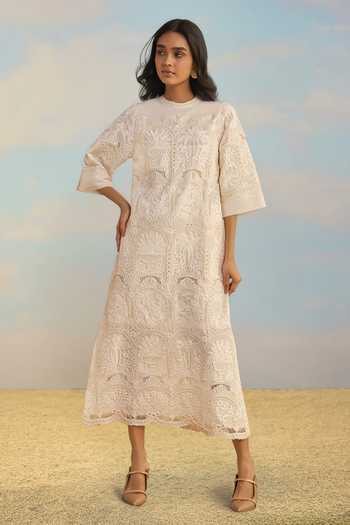Buy Dash And Dot Ivory Cotton Mandarin Collar Cutwork Embroidered Scalloped Midi Dress Buy_Dash And Dot_Ivory Cotton Mandarin Collar Cutwork Embroidered Scalloped Midi Dress