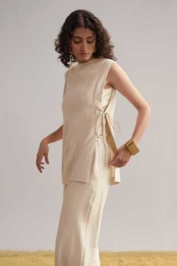 Dash And Dot_Beige Silk, Linen, Modal Round Neck Origami Top And Pant Co-ord Set _Online_at_Aza_Fashions