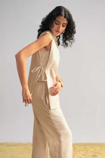 Buy_Dash And Dot_Beige Silk, Linen, Modal Round Neck Origami Top And Pant Co-ord Set _Online_at_Aza_Fashions