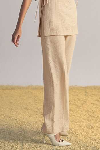 Shop_Dash And Dot_Beige Silk, Linen, Modal Round Neck Origami Top And Pant Co-ord Set _Online_at_Aza_Fashions