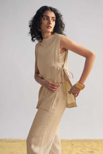 Dash And Dot_Beige Silk, Linen, Modal Round Neck Origami Top And Pant Co-ord Set _at_Aza_Fashions