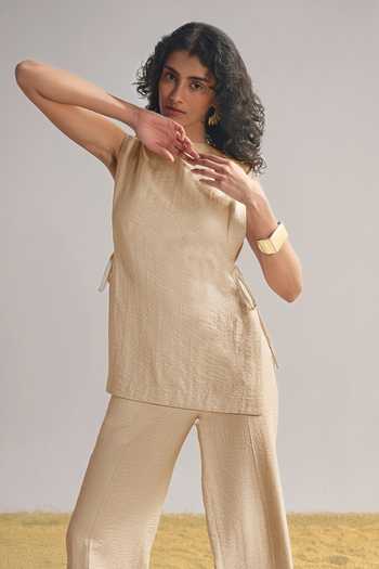 Buy_Dash And Dot_Beige Silk, Linen, Modal Round Neck Origami Top And Pant Co-ord Set 