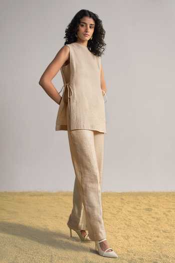Shop_Dash And Dot_Beige Silk, Linen, Modal Round Neck Origami Top And Pant Co-ord Set 