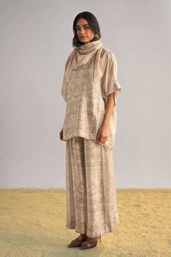 Buy Dash And Dot Beige Viscose Round Neck Lace Printed Boxy Top And Scarf Online at Aza Fashions Buy_Dash And Dot_Beige Viscose Round Neck Lace Printed Boxy Top And Scarf _Online_at_Aza_Fashions