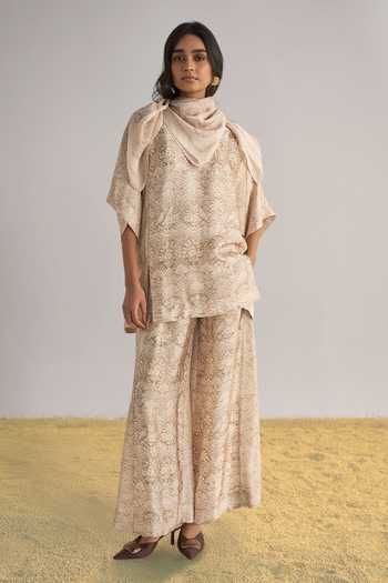 Buy Dash And Dot Beige Viscose Round Neck Lace Printed Boxy Top And Scarf Buy_Dash And Dot_Beige Viscose Round Neck Lace Printed Boxy Top And Scarf