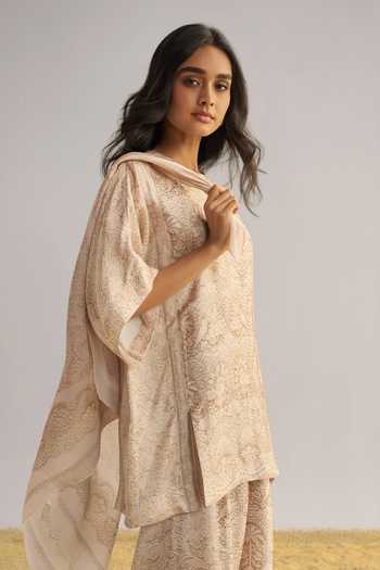 Dash And Dot Ivory Viscose Round Neck Lace Printed Pant Set With Scarf Online at Aza Fashions Dash And Dot_Ivory Viscose Round Neck Lace Printed Pant Set With Scarf _Online_at_Aza_Fashions