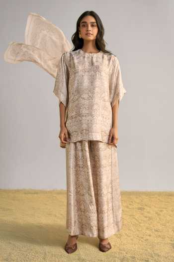 Shop Dash And Dot Ivory Viscose Round Neck Lace Printed Pant Set With Scarf Online at Aza Fashions Shop_Dash And Dot_Ivory Viscose Round Neck Lace Printed Pant Set With Scarf _Online_at_Aza_Fashions