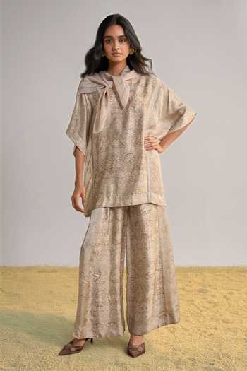 Dash And Dot Ivory Viscose Round Neck Lace Printed Pant Set With Scarf at Aza Fashions Dash And Dot_Ivory Viscose Round Neck Lace Printed Pant Set With Scarf _at_Aza_Fashions