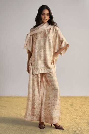 Buy Dash And Dot Ivory Viscose Round Neck Lace Printed Pant Set With Scarf Buy_Dash And Dot_Ivory Viscose Round Neck Lace Printed Pant Set With Scarf