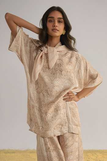 Shop Dash And Dot Ivory Viscose Round Neck Lace Printed Pant Set With Scarf Shop_Dash And Dot_Ivory Viscose Round Neck Lace Printed Pant Set With Scarf