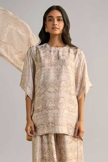 Dash And Dot_Ivory Viscose Round Neck Lace Printed Top And Wide-leg Pant Set _Online_at_Aza_Fashions