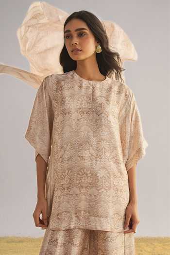 Dash And Dot_Ivory Viscose Round Neck Lace Printed Top And Wide-leg Pant Set _at_Aza_Fashions