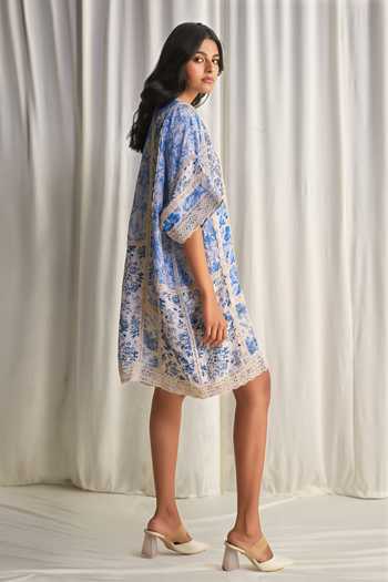 Dash And Dot_Blue Silk, Linen, Viscose Round Neck Porcelain Print Patchwork Dress _Online_at_Aza_Fashions