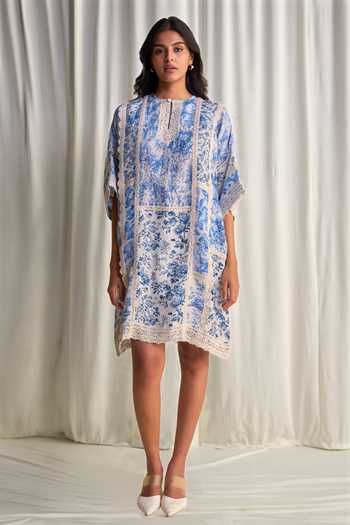 Buy_Dash And Dot_Blue Silk, Linen, Viscose Round Neck Porcelain Print Patchwork Dress _Online_at_Aza_Fashions