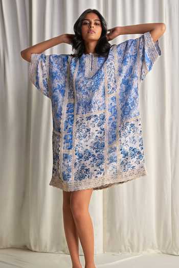 Shop_Dash And Dot_Blue Silk, Linen, Viscose Round Neck Porcelain Print Patchwork Dress _Online_at_Aza_Fashions