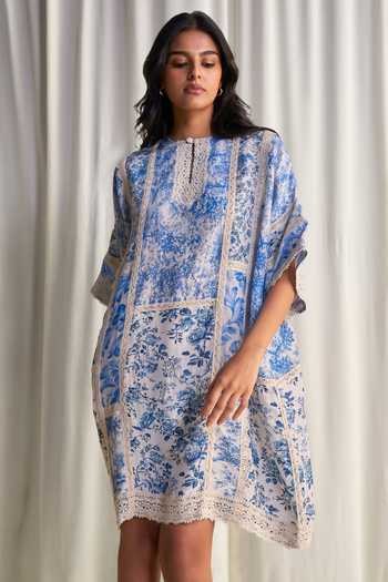 Dash And Dot_Blue Silk, Linen, Viscose Round Neck Porcelain Print Patchwork Dress _at_Aza_Fashions