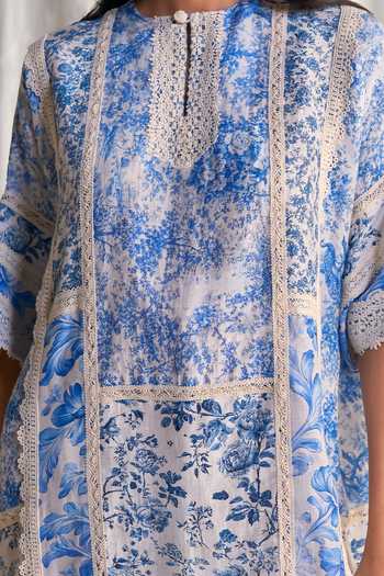 Buy_Dash And Dot_Blue Silk, Linen, Viscose Round Neck Porcelain Print Patchwork Dress 