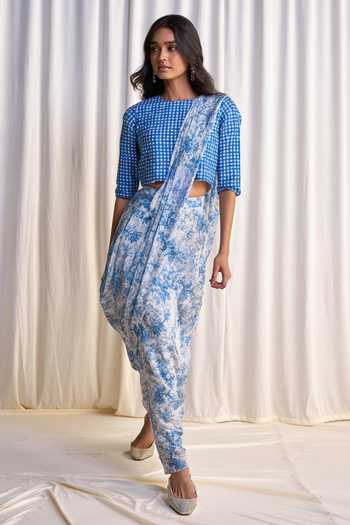 Dash And Dot Blue Viscose, Nylon Toile Print Pre-draped Saree Online at Aza Fashions Dash And Dot_Blue Viscose, Nylon Toile Print Pre-draped Saree _Online_at_Aza_Fashions