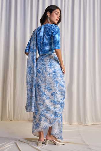 Shop Dash And Dot Blue Viscose, Nylon Toile Print Pre-draped Saree at Aza Fashions Shop_Dash And Dot_Blue Viscose, Nylon Toile Print Pre-draped Saree _at_Aza_Fashions