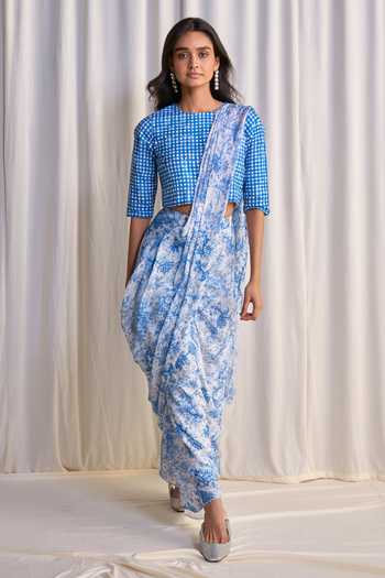 Dash And Dot Blue Cotton, Linen, Viscose, Nylon Pre-draped Saree And Madras Check Print Top Online at Aza Fashions Dash And Dot_Blue Cotton, Linen, Viscose, Nylon Pre-draped Saree And Madras Check Print Top _Online_at_Aza_Fashions