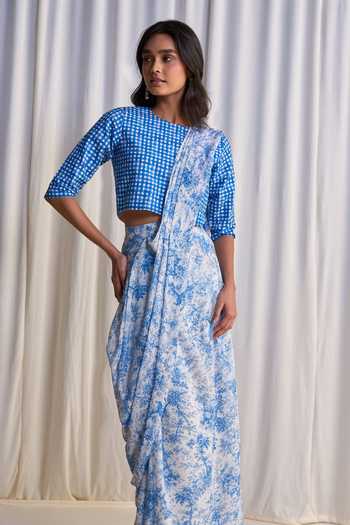 Shop Dash And Dot Blue Cotton, Linen, Viscose, Nylon Pre-draped Saree And Madras Check Print Top Online at Aza Fashions Shop_Dash And Dot_Blue Cotton, Linen, Viscose, Nylon Pre-draped Saree And Madras Check Print Top _Online_at_Aza_Fashions