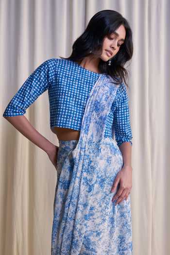 Dash And Dot Blue Cotton, Linen, Viscose, Nylon Pre-draped Saree And Madras Check Print Top at Aza Fashions Dash And Dot_Blue Cotton, Linen, Viscose, Nylon Pre-draped Saree And Madras Check Print Top _at_Aza_Fashions