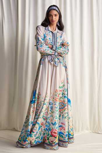 Dash And Dot_Multi Color Cotton, Linen Botanical Print Maxi Skirt _Online_at_Aza_Fashions