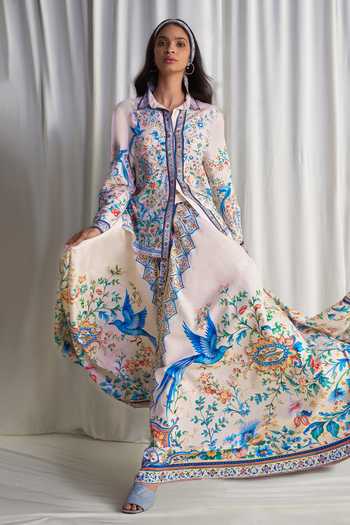 Dash And Dot_Multi Color Cotton, Linen Botanical Print Maxi Skirt _at_Aza_Fashions