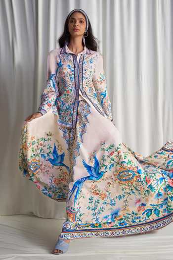 Dash And Dot_Multi Color Linen, Tencel, Cotton Botanical Print Shirt And Maxi Skirt Set _Online_at_Aza_Fashions