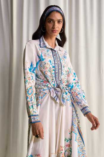 Dash And Dot_Multi Color Linen, Tencel, Cotton Botanical Print Shirt And Maxi Skirt Set _at_Aza_Fashions