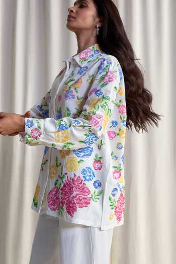 Dash And Dot_Multi Color Linen, Viscose Collared Neck Floral Cross Stitch Embroidered Shirt _Online_at_Aza_Fashions