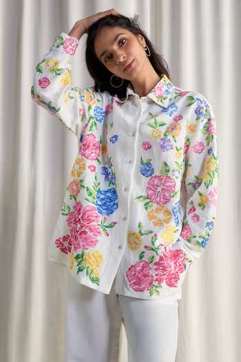 Dash And Dot Floral Cross Stitch Embroidered Shirt 