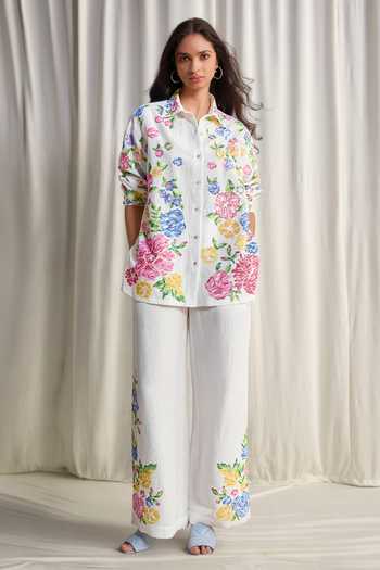 Buy_Dash And Dot_Multi Color Linen, Viscose Collared Neck Floral Cross Stitch Embroidered Shirt _Online_at_Aza_Fashions