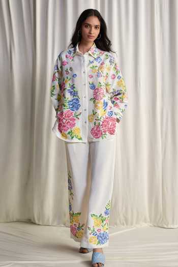 Shop_Dash And Dot_Multi Color Linen, Viscose Collared Neck Floral Cross Stitch Embroidered Shirt _Online_at_Aza_Fashions