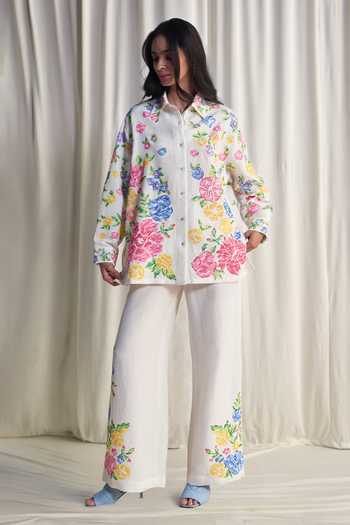 Dash And Dot_Multi Color Linen, Viscose Collared Neck Floral Cross Stitch Embroidered Shirt _at_Aza_Fashions