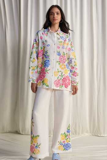 Buy_Dash And Dot_Multi Color Linen, Viscose Collared Neck Floral Cross Stitch Embroidered Shirt 